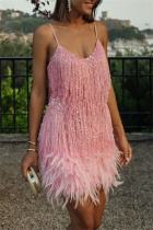 Pink Fashion Sexy Patchwork Sequins Feathers V Neck Sling Dress Dresses