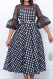 Black Elegant Print Polka Dot Patchwork O Neck Princess Dresses