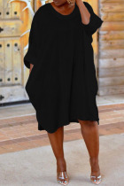 Black Casual Solid Hollowed Out Patchwork O Neck Straight Plus Size Dresses