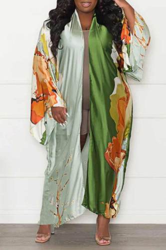 Light Green Fashion Casual Print Patchwork Outerwear(Without Belt)