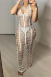 White Fashion Sexy Solid Bandage See-through Backless Halter Sleeveless Dress Dresses