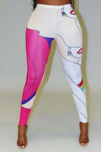 Rose Red Street Print Patchwork Skinny High Waist Pencil Full Print Bottoms