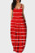 Red Fashion Striped Print Backless Spaghetti Strap Long Dress