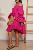 Fuchsia Casual Solid Patchwork Fold Off the Shoulder Princess Dresses