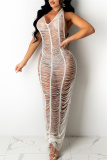 White Fashion Sexy Solid Bandage See-through Backless Halter Sleeveless Dress Dresses