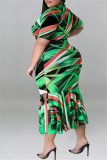 Green Fashion Casual Print Patchwork O Neck Short Sleeve Dress Plus Size Dresses