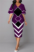 Purple Fashion Casual Print Patchwork V Neck One Step Skirt Dresses