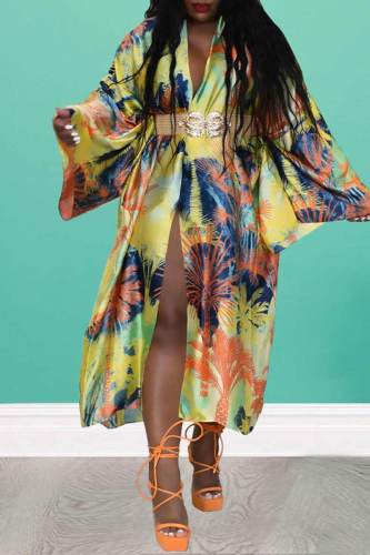 Mustard Yellow Fashion Casual Print Patchwork Outerwear(Without Belt)