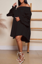 Black Casual Solid Patchwork Fold Off the Shoulder Princess Dresses
