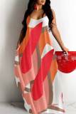Tangerine Red Sexy Print Patchwork Spaghetti Strap Sling Dress Plus Size Dresses