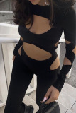 Black Sexy Solid Hollowed Out Patchwork O Neck Skinny Jumpsuits