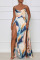 Blue Sexy Print Patchwork Backless Spaghetti Strap Sling Dress Dresses
