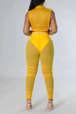 Yellow Sexy Solid Patchwork Buckle See-through Fold O Neck Sleeveless Two Pieces