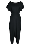 Black Fashion Casual Solid Basic O Neck Harlan Jumpsuits