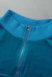 Deep Blue Casual Solid Patchwork Zipper Collar Long Sleeve Two Pieces