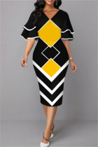 Yellow Fashion Casual Print Patchwork V Neck One Step Skirt Dresses