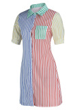 Colour Casual Print Patchwork Buckle Turndown Collar Dresses