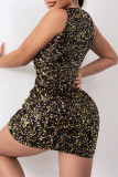 Black Gold Fashion Sexy Patchwork Sequins V Neck Sleeveless Dress