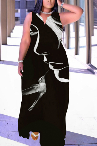 Black Fashion Casual Print Patchwork V Neck Sleeveless Dress