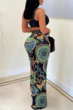 Black Sexy Casual Print Patchwork Backless Oblique Collar Sleeveless Two Pieces