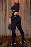 Black Sexy Solid Hollowed Out Patchwork O Neck Skinny Jumpsuits