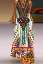 Colour Casual College Print Patchwork V Neck Long Dress Dresses