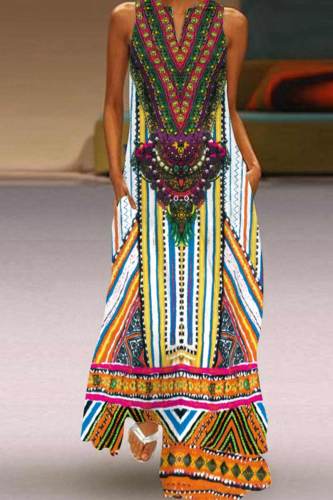 Colour Casual College Print Patchwork V Neck Long Dress Dresses