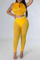 Yellow Sexy Solid Patchwork Buckle See-through Fold O Neck Sleeveless Two Pieces