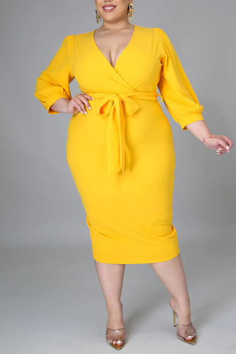 Yellow Casual Solid Bandage Patchwork V Neck One Step Skirt Plus Size Dresses