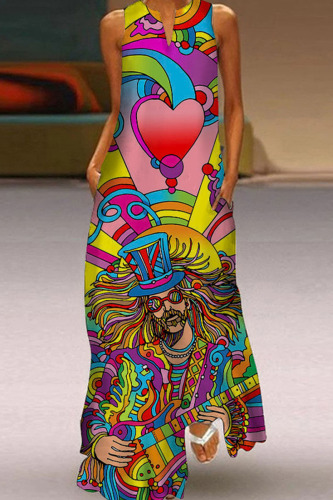 Yellow Casual Print Patchwork V Neck Straight Dresses