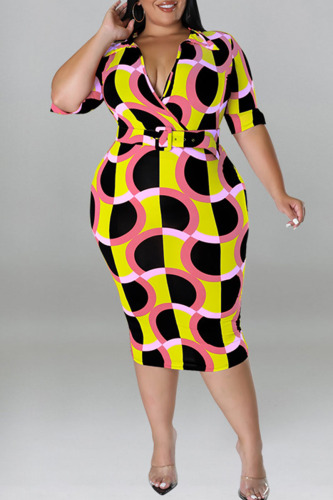 Yellow Casual Print Patchwork V Neck One Step Skirt Plus Size Dresses