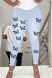 Deep Blue Fashion Casual Butterfly Print Patchwork High Waist Skinny Denim Jeans