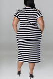 Black White Casual Striped Print Patchwork Slit O Neck Straight Plus Size Dresses