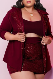Black Sexy Solid Sequins Turndown Collar Plus Size Three Pieces
