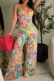 Pink Sexy Print Patchwork Backless Spaghetti Strap Straight Jumpsuits