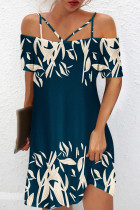 Blue Fashion Casual Print Backless Off the Shoulder Short Sleeve Dress