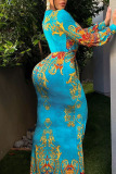 Sky Blue Sexy Print Patchwork V Neck Long Dress Dresses