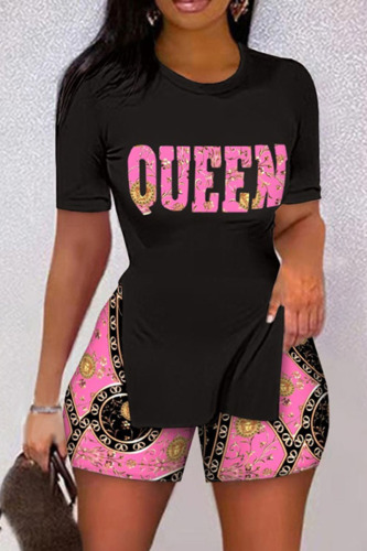Pink Casual Print Patchwork Slit O Neck Short Sleeve Two Pieces