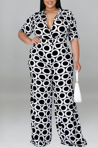 Black Casual Print Patchwork V Neck Plus Size Jumpsuits