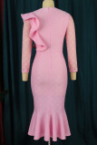 Pink Elegant Solid Patchwork Flounce V Neck Trumpet Mermaid Dresses