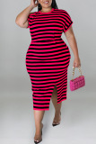 Green Casual Striped Print Patchwork Slit O Neck Straight Plus Size Dresses