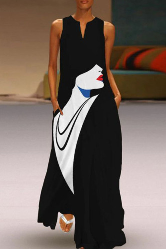 Black Casual Print Patchwork V Neck Straight Dresses