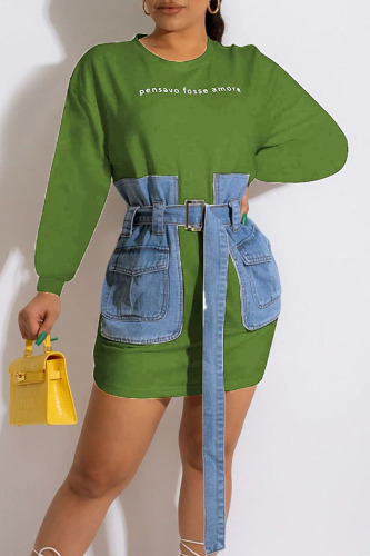 Army Green Casual Street Print Patchwork With Belt O Neck Straight Dresses
