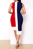 Red Casual Work Print Patchwork Asymmetrical O Neck Straight Dresses