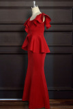 Red Sexy Solid Flounce Fold Zipper O Neck Trumpet Mermaid Dresses