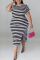 Rose Red Casual Striped Print Patchwork Slit O Neck Straight Plus Size Dresses