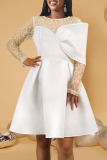 White Elegant Solid Draw String O Neck Evening Dress Dresses