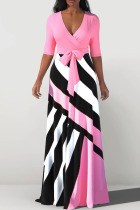 Pink Casual Print Bandage Patchwork V Neck Straight Dresses