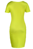 Green Fashion Print Patchwork V Neck Pencil Skirt Dresses