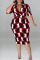 Burgundy Casual Print Patchwork V Neck One Step Skirt Plus Size Dresses